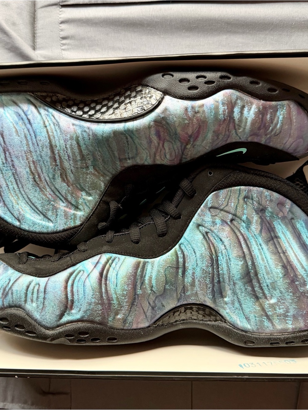 Nike Iridescent Aqua-Teal Foamposite Sneakers with Black Trim
